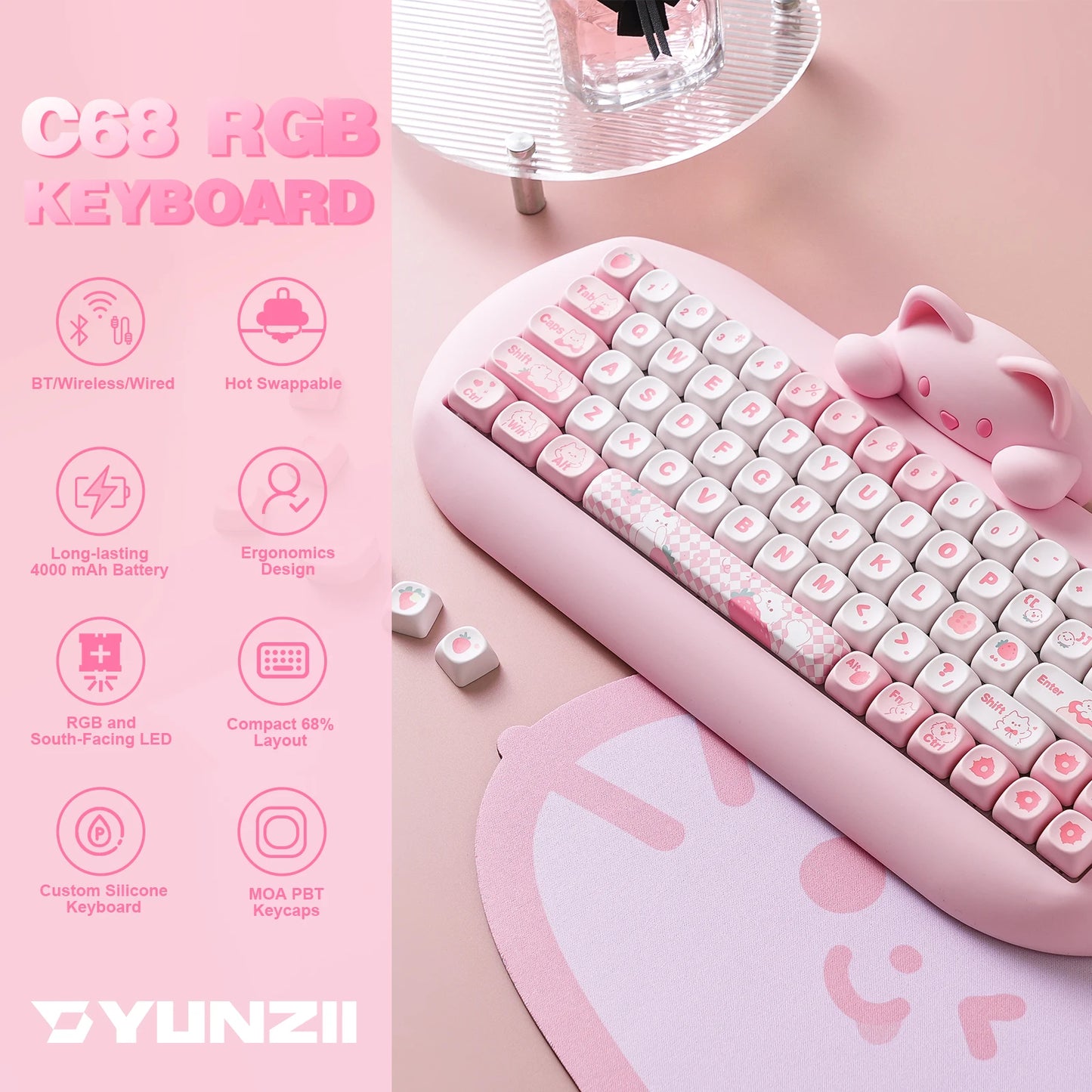 YUNZII C68 Pink 65% Hot Swap Wireless BT5.0/2.4G/Wired